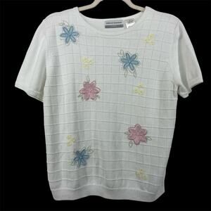 Vintage Alfred Dunner Size Petite L Floral Embroidered Sweater Short Sleeve Boxy